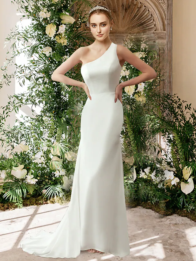 Luolandi Wedding Dresses One Shoulder Chiffon Sleeveless Simple Sexy Pure Color